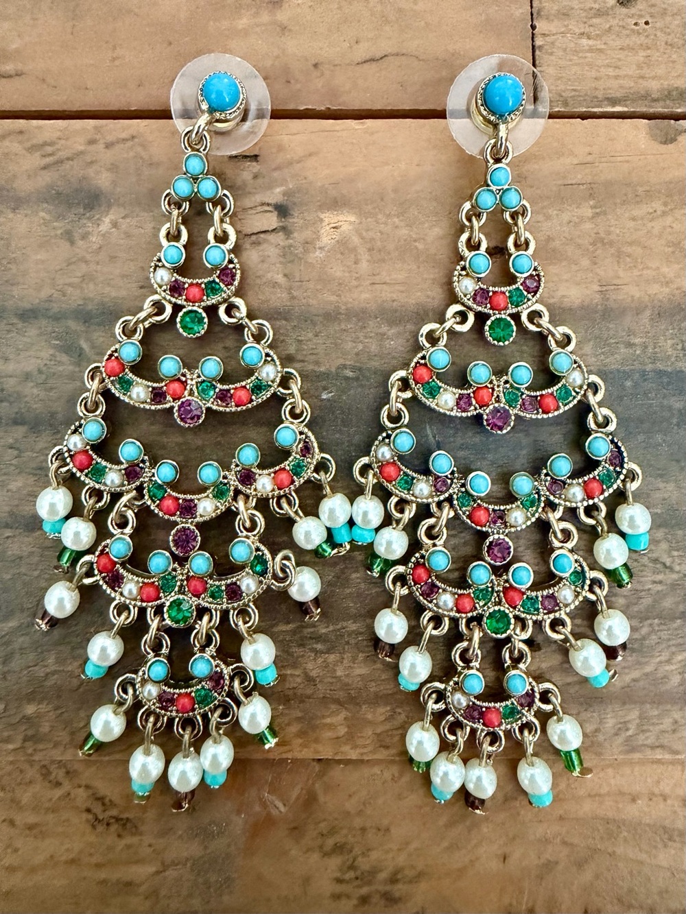 LARGE BOHEMIAN MULTI-TIER DANGLE EARRINGS COLORFUL FAUX PEARL CN